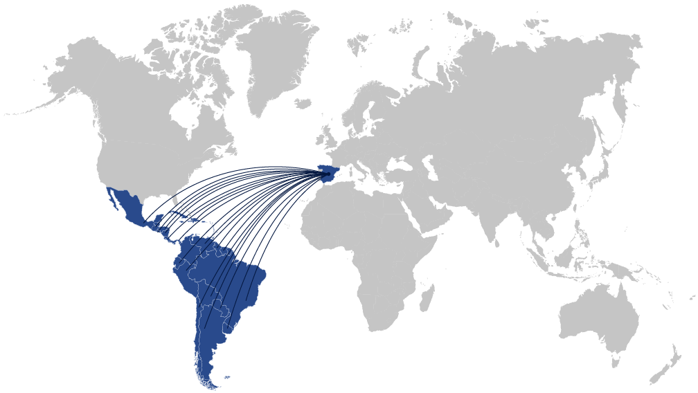 Mapa de servicios de Ekalon de España a América Latina